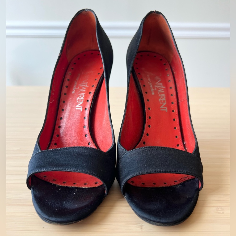 Yves Saint Laurent Black Satin Peep Toe Heels